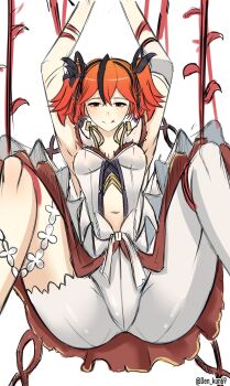 1girl :q absurdres arms_up black_flower breasts camellya_(wuthering_waves) closed_mouth clothing_cutout commentary den_kun69 earrings english_commentary flower gold_earrings hair_between_eyes hair_flower hair_ornament hair_vines highres jewelry looking_at_viewer m_legs medium_breasts navel official_alternate_eye_color official_alternate_hair_color pantyhose red_eyes red_hair short_hair short_twintails simple_background single_leg_pantyhose smile solo spread_legs stomach stomach_cutout tongue tongue_out twintails twitter_username white_background white_pantyhose wuthering_waves