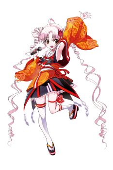 1girl :d ahoge arm_up armpits asymmetrical_legwear bare_shoulders black_dress buttons double-breasted dress drill_hair fang full_body hair_ornament highres holding holding_microphone japanese_clothes kimono long_hair microphone multicolored_hair necktie obi obijime off_shoulder official_art onikko_hunter_tsuina-chan oohenri_saki open_clothes open_kimono open_mouth orange_eyes orange_kimono parted_bangs pink_hair pointy_ears print_kimono red_necktie red_streaks ribbon-trimmed_sleeves ribbon_trim sailor_collar sandals sash second-party_source see-through_dress_layer short_kimono short_necktie skin_fang sleeveless sleeveless_dress smile socks solo standing standing_on_one_leg streaked_hair synthesizer_v tabi thigh_strap thighhighs tie_clip transparent_background tsuina-chan tsuina-chan_(sv) twin_drills very_long_hair voiceroid white_sailor_collar white_sash white_socks white_thighhighs wide_sleeves zouri