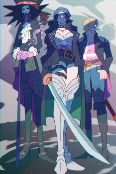 Rule 34 | 1girl, 2boys, armored boots, black boots, black hair, blonde hair, boots, brook (one piece), cigarette, coat, commentary request, corset, full body, highres, holding, holding sword, holding weapon, multiple boys, multiple thigh straps, nico robin, one piece, one piece film: red, planted cane, sanji (one piece), skeleton, smile, smoke, sword, thigh strap, tomatop, weapon