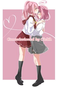 2girls absurdres amaori_haruna amaori_renako black_shoes black_socks blush ciel_cl2525 closed_eyes clothes_around_waist commentary commission english_commentary grey_skirt hand_on_another&#039;s_shoulder heart heart_of_string highres incest kneehighs medium_hair multiple_girls pink_hair ponytail purple_eyes red_sailor_collar red_skirt sailor_collar school_uniform serafuku shirt shoes siblings sisters skirt smile socks sweater sweater_around_waist vgen_commission watashi_ga_koibito_ni_nareru_wake_naijan_murimuri! white_shirt yuri