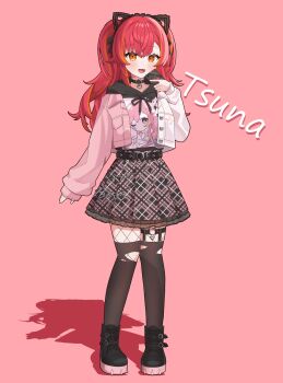 Rule 34 | 1girl, absurdres, animal ears, argyle clothes, argyle skirt, arm up, belt, belt boots, belt buckle, belt collar, black boots, blush, boots, buckle, cat belt buckle, cat ears, character name, choker, collar, collarbone, cropped jacket, fishnet pantyhose, fishnets, heart, highres, holding, holding phone, hood, hood down, hooded shirt, jacket, legwear garter, long hair, long sleeves, looking at viewer, maruwo pu, multicolored jacket, nekota tsuna, o-ring, o-ring thigh strap, open clothes, open mouth, orange hair, pantyhose, phone, pink jacket, platform boots, pleated skirt, print jacket, print shirt, red hair, shirt, shirt tucked in, sidelocks, simple background, single sleeve past wrist, skirt, smile, solo, spiked boots, sticker, thick eyebrows, thigh strap, thighhighs, thighs, torn clothes, torn thighhighs, two-tone jacket, vspo!, white jacket