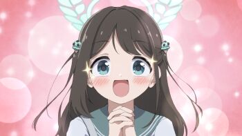 1girl :d airi_(blue_archive) blue_archive blue_eyes blush brown_hair food-themed_hair_ornament green_sailor_collar hair_ornament halo highres ice_cream_hair_ornament interlocked_fingers long_hair looking_at_viewer open_mouth own_hands_clasped own_hands_together pink_background sailor_collar shirt smile solo unadon_(unadoom) upper_body white_shirt