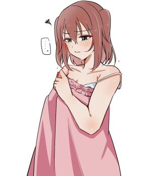 ... 1girl bare_shoulders blush bra breasts cleavage closed_mouth collarbone commentary_request dress green_eyes highres kurosawa_ruby love_live! love_live!_sunshine!! medium_hair nigauri pink_dress red_hair simple_background solo spoken_ellipsis squiggle strap_slip two_side_up underwear white_background white_bra