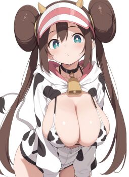 1girl :o alternate_breast_size_(larger) alternate_costume animal_ears animal_print bell bikini blue_eyes breasts bright_pupils brown_hair cleavage closed_mouth cow_horns cow_print cow_print_bikini cow_print_jacket cow_tail cowbell cowboy_shot donut_hair_bun dot_mouth dot_nose double_bun fake_animal_ears fake_tail hachi0571 hair_bun highres hood hoodie horns huge_breasts jacket leaning_forward light_blush long_hair long_sleeves looking_at_viewer mole mole_on_breast neck_bell nintendo no_sclera partially_unzipped pokemon pokemon_bw2 print_bikini print_jacket rosa_(pokemon) sidelocks solo standing swimsuit tail twintails visor_cap white_jacket white_visor