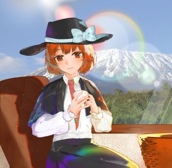 Rule 34 | 1girl, absurdres, black capelet, black skirt, blush, brown eyes, brown hair, capelet, chair, closed mouth, collared shirt, commentary, cup, day, highres, holding, holding cup, lens flare, long sleeves, looking at viewer, mountain, necktie, puffy long sleeves, puffy sleeves, red necktie, shirt, shirt tucked in, short hair, sitting, skirt, solo, table, tie clip, touhou, tree, untranslatable commentary, usami renko, user vrav2737, white shirt, wide brim
