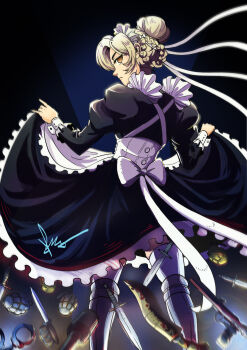 1girl absurdres apron backlighting blonde_hair bolt_action boots braid braided_hair_rings buttons chinzynator92 chronicles_of_the_siren_war clothes_lift cuffs dagger dark_background dress empty_eyes explosive frilled_apron frilled_dress frills from_behind grenade gun hair_bun hair_over_one_eye hair_ribbon hair_rings handcuffs handgun highres holding knife kris_(weapon) looking_at_viewer maid maid_apron maid_headdress mk2_grenade no_pupils puffy_sleeves ribbon senjougahara_hitagi_skirt_lift_pose sheffield_(azur_lane) signature single_hair_bun skirt skirt_lift solo stick_grenade stielhandgranate stiletto_(weapon) thighhighs trench_knife waist_ribbon weapon welrod white_apron white_ribbon white_thighhighs yellow_eyes