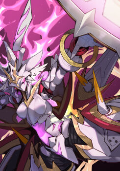 1girl armor black_sclera breasts character_request colored_sclera cow cowboy_shot duel_monster fire highres mecha purple_background purple_eyes purple_fire robot small_breasts solo white_armor yu-gi-oh! zoruboi