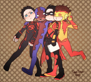 4boys bart_allen belt black_hair blue_eyes boots brown_hair bunker_(dc) cape copyright_name dark_skin dc_comics domino_mask eye_mask ginkun kid_flash knee_pads male_focus mask multiple_boys polka_dot polka_dot_background red_robin s_shield smile superboy teen_titans tim_drake v