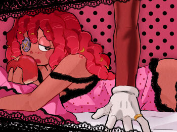 Rule 34 | 1boy, 1girl, apple, bare arms, bare shoulders, bed sheet, black lace trim, blush stickers, button eyes, buttons, caine (the amazing digital circus), camisole, curly hair, dark-skinned female, dark skin, eyelashes, food, fruit, gloves, half-closed eye, heart, heart-shaped pupils, highres, holding, holding food, holding fruit, jewelry, lace-trimmed camisole, lace trim, long hair, looking at viewer, lying, mikkiaru, on bed, on stomach, one-eyed, pink background, pink camisole, polka dot, polka dot background, polka dot camisole, ragatha (the amazing digital circus), red hair, ring, ringlets, romeo to cinderella (vocaloid), sketch, solo focus, strap slip, symbol-shaped pupils, the amazing digital circus, triangle nose, unfinished, vocaloid, wedding ring, white gloves