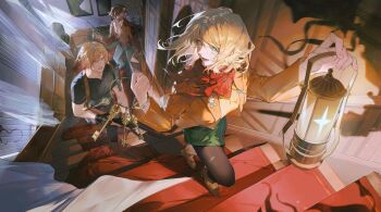 1girl 2boys absurdres ashley_graham black_gloves black_pantyhose black_shirt blonde_hair blue_eyes boots breasts brown_boots brown_hair brown_jacket collared_shirt curtains fingerless_gloves from_above gloves green_eyes green_skirt gun hair_between_eyes handgun highres holding holding_gun holding_key holding_lantern holding_weapon humidifier_xd indoors jacket key keyring knife lantern leon_s._kennedy looking_at_another luis_sera medium_breasts medium_hair multiple_boys neckerchief open_mouth orange_jacket orange_sweater pantyhose parted_bangs plaid_clothes plaid_skirt red_neckerchief resident_evil resident_evil_4 resident_evil_4_(remake) ribbed_sweater shirt short_hair skirt smile stairs sunlight sweater torn_clothes torn_pantyhose weapon white_shirt zombie