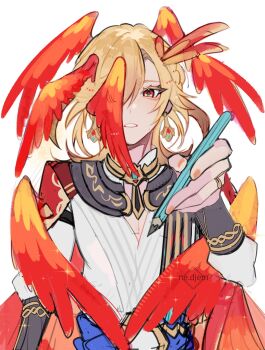 Rule 34 | 1boy, absurdres, blonde hair, earrings, feathered wings, feathers, genshin impact, head wings, highres, holding, holding pencil, jewelry, kaveh (genshin impact), long hair, long sleeves, male focus, multiple wings, ne djem, parted lips, pencil, red eyes, red wings, ring, shirt, simple background, white background, white shirt, wings