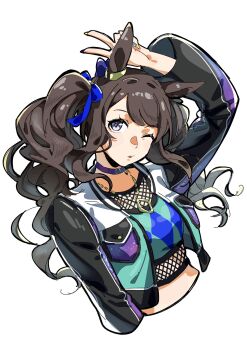 1girl animal_ears argyle_clothes argyle_shirt bandeau blue_eyes blush bow breasts brown_hair collar commentary_request crop_top cropped_jacket cropped_torso ear_bow fishnet_top fishnets highres horse_ears horse_girl jacket jewelry long_hair long_sleeves looking_at_viewer multicolored_nails ohayonabeno one_eye_closed purple_collar solo striped_bandeau tongue tongue_out tosen_jordan_(jokester_vibes)_(umamusume) tosen_jordan_(umamusume) twintails umamusume v