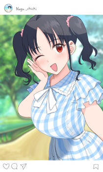 1girl :d april_fools black_hair blue_dress blush bookmark breasts collared_dress commentary distortion dress fake_phone_screenshot fake_screenshot hair_ornament hair_scrunchie hand_up heart highres large_breasts nagachichi_chika_idol-chan_(yue_(show-ei)) neck_ribbon one_eye_closed open_mouth original outdoors paper_airplane park parted_bangs pink_scrunchie plaid_clothes plaid_dress red_eyes ribbon scrunchie selfie short_sleeves smile solo speech_bubble tree twintails upper_body user_interface white_ribbon yue_(show-ei)