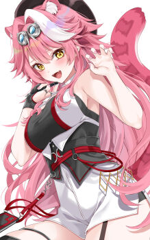 1girl absurdres animal_ears beret black_garter_straps black_gloves black_hat blush breasts claw_pose collared_shirt commentary_request extra_ears eyeshadow fangs fingernails garter_straps gloves goggles goggles_on_head hair_intakes half_gloves hat high-waist_shorts highres holding holding_pen hololive hololive_english jewelry large_breasts long_hair looking_at_viewer makeup mogu_(au1127) multicolored_hair nail_polish open_mouth panther_ears panther_girl panther_tail pen pink_eyeshadow pink_hair pink_nails raora_panthera raora_panthera_(1st_costume) ring shirt shorts simple_background single_garter_strap single_half_glove skirt smile solo streaked_hair tail teeth thighs two-tone_hair underbust upper_teeth_only virtual_youtuber white_background white_hair white_shirt white_skirt yellow_eyes