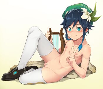 Rule 34 | 1girl, absurdres, black hair, blush, cleft of venus, cuntboy, daikung, genderswap, genderswap (mtf), genshin impact, green eyes, hat, highres, instrument, looking at viewer, lying, lyre, nipples, nude, on side, pussy, smile, thighhighs, third-party edit, v, venti (genshin impact)