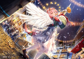 :d absurdres angel_wings animal_ears arknights aura blonde_hair blue_eyes blush bow braid brown_footwear brown_hair capelet christmas closed_mouth commentary_request crowd dated detached_sleeves feathered_wings festival food from_below glint goldenglow_(arknights) goldenglow_(maiden_for_the_bright_night)_(arknights) green_capelet green_eyes green_sleeves green_sweater_vest green_vest grey_bow hair_bow hair_ornament hairband happy highres holding holding_food holding_instrument holding_trumpet instrument kneehighs kyouko_kasa layered_sleeves lens_flare long_sleeves looking_at_viewer medium_hair night official_alternate_costume open_mouth outdoors papyrus_(arknights) people pepe_(arknights) pink_hair pink_tail pom_pom_(clothes) red_hairband red_sweater shoes skirt smile snowing socks solo_focus standing star_(symbol) suzuran_(arknights) suzuran_(yukibare)_(arknights) sweater sweater_vest tail trumpet vest vulpisfoglia_(arknights) warmy_(arknights) warmy_(warm_velvet_at_the_corner)_(arknights) white_skirt white_socks white_wings wings yellow_eyes
