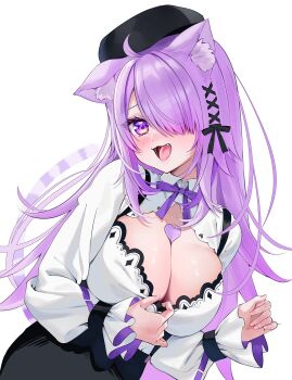 1girl absurdres ahoge animal_ear_fluff animal_ears black_hat black_ribbon blush bow breasts cat_ears cleavage cleavage_cutout clothing_cutout collared_shirt fang hair_over_one_eye hair_ribbon hat highres hololive large_breasts long_hair long_sleeves looking_at_viewer nekomata_okayu open_mouth pulling_own_clothes purple_bow purple_eyes purple_hair raised_inner_eyebrows ribbon saliva shirt upper_body virtual_youtuber white_background white_shirt yuuyu_(moco20111115)