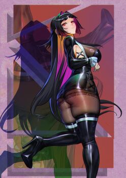 1girl absurdres ass astra_yao black_boots black_hair bodystocking boots border breasts brown_bodystocking brown_pantyhose closed_mouth clothing_cutout colored_inner_hair cross-laced_clothes cross-laced_top different_zoom_layer dress frilled_wrist_cuffs frills from_side hair_intakes hashtag-only_commentary hhhhhddd_audn high_heels highres large_breasts latex latex_legwear latex_thigh_boots latex_thighhighs long_hair looking_at_viewer microdress mole multicolored_hair pantyhose patterned_legwear purple_border red_background red_eyes shadow side_cutout solo standing standing_on_one_leg thighhighs wrist_cuffs zenless_zone_zero zoom_layer