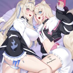Rule 34 | 2girls, absurdres, animal ear fluff, animal ears, black coat, black collar, black jacket, blonde hair, blue eyes, blue hair, blush, breasts, claw (weapon), coat, collar, commission, cowboy shot, cropped jacket, cropped shirt, crossed bangs, dog ears, dog girl, dog tail, dress, fuwawa abyssgard, fuwawa abyssgard (1st costume), hair ornament, highres, hololive, hololive english, jacket, kawanmushi, large breasts, looking at viewer, midriff, mococo abyssgard, mococo abyssgard (1st costume), multicolored hair, multiple girls, navel, on bed, open mouth, panties, pink eyes, pink hair, shirt, shorts, small breasts, streaked hair, tail, two-tone hair, underwear, virtual youtuber, weapon, white dress, white panties, white shirt, white shorts, x hair ornament