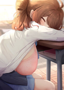 1girl absurdres arm_pillow blue_ribbon blurry blurry_background bra breasts brown_hair classroom closed_eyes commentary_request depth_of_field desk gakuen_idolmaster hair_rings hanami_ume hatsuboshi_gakuen_school_uniform highres huge_breasts idolmaster indoors long_sleeves medium_hair neck_ribbon open_clothes open_shirt paid_reward_available pink_bra ribbon school_desk school_uniform shirt sitting skirt sky_cappuccino sleeping solo unbuttoned unbuttoned_shirt underwear white_shirt wooden_floor