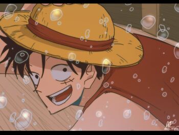 Rule 34 | 1boy, bare shoulders, black hair, close-up, commentary, facial scar, from side, hand on headwear, hat, highres, looking at viewer, looking to the side, male focus, monkey d. luffy, one piece, only op2024, open mouth, red vest, scar, scar on cheek, scar on face, short hair, signature, solo, straw hat, symbol-only commentary, teeth, twitter username, upper body, vest, water