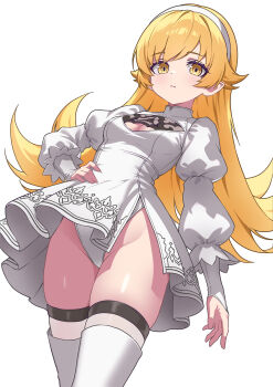 Rule 34 | 1girl, 2p (nier:automata), 2p (nier:automata) (cosplay), absurdres, blonde hair, boots, breasts, cleavage cutout, clothing cutout, cosplay, dress, hairband, highleg, highleg leotard, highres, leotard, leotard under clothes, looking at viewer, luna velstra, monogatari (series), nier:automata, nier (series), oshino shinobu, simple background, small breasts, solo, thigh boots, thighhighs, white background, white dress, white hairband, white leotard, white thighhighs, yellow eyes