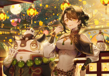 1girl 1other against_railing animal animal_on_head architecture breasts brown_hair cup ear_piercing earrings east_asian_architecture fireworks hair_intakes highres impossible_clothes jewelry lantern looking_at_viewer medium_breasts night on_head open_mouth original paper_lantern parted_bangs piercing railing sakazuki sho_(sumika) short_hair tongue tongue_out yellow_eyes