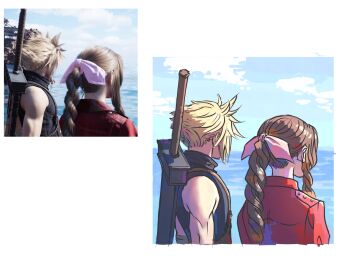 1boy 1girl aerith_gainsborough art_study blonde_hair blue_sky border braid braided_ponytail brown_hair buster_sword changbim13 cloud cloud_strife cloudy_sky derivative_work facing_away final_fantasy final_fantasy_vii final_fantasy_vii_rebirth final_fantasy_vii_remake from_behind game_screenshot_inset hair_ribbon highres jacket long_hair outdoors pink_ribbon red_jacket ribbon screenshot_inset screenshot_redraw short_hair sidelocks single_bare_shoulder single_braid sky sleeveless sleeveless_turtleneck spiked_hair suspenders sword sword_on_back turtleneck upper_body weapon weapon_on_back white_border