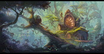 architecture commentary day emilie_vaccarini english_commentary fantasy forest highres letterboxed nature no_humans original outdoors scenery tree watermark