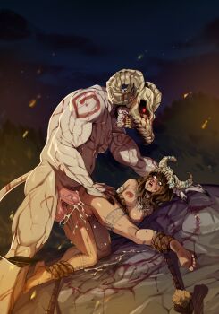 1boy 1girl absurdres anal colored_skin commentary demon_boy demon_horns demon_tail embers english_commentary facial_tattoo from_side highres horns interspecies leg_tattoo momdadno muscular muscular_male night nipples original penis pussy rape red_eyes rope sex sharp_teeth skull_head tail tattoo teeth testicles white_skin