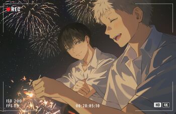 2boys black_hair blush closed_eyes collared_shirt commentary_request fireworks happy highres hikaru_ga_shinda_natsu holding holding_fireworks indou_hikaru looking_at_another male_focus mandaring0 mole mole_on_cheek mole_under_eye mole_under_mouth multiple_boys multiple_moles shirt short_hair smile teeth tongue tsujinaka_yoshiki upper_body viewfinder white_hair white_shirt yaoi