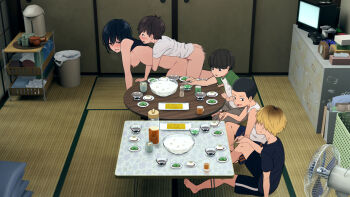 1girl 4boys age_difference all_fours ass barefoot black_eyes black_hair blush bottomless bowl breasts breasts_out brother_and_sister chopsticks clothed_sex clothes_lift cup doggystyle eating electric_fan embarrassed feet food from_above hair_between_eyes highres holding holding_chopsticks incest indoors kemuri_haku legs medium_breasts medium_hair multiple_boys nipples open_mouth original sex sex_from_behind shirt_lift shota siblings sitting table tank_top tatami thighs toaru_daikazoku_no_okazu_jijou:_mamagawari_onee-chan_funtouki toes trash_can vaginal