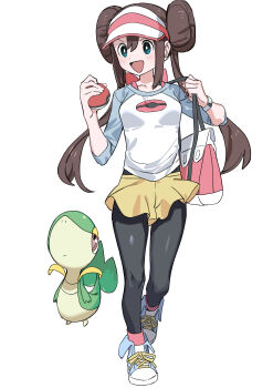 1girl :d absurdres bag blue_eyes bow breasts brown_hair double_bun full_body gen_5_pokemon hair_bun haruyuki_(gffewuoutgblubh) highres holding holding_poke_ball long_hair looking_at_viewer nintendo open_mouth pantyhose pink_bow poke_ball poke_ball_(basic) pokemon pokemon_(creature) pokemon_bw2 raglan_sleeves rosa_(pokemon) shirt shorts smile snivy standing starter_pokemon twintails visor_cap watch white_background wristwatch yellow_shorts