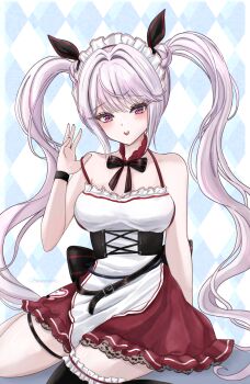Rule 34 | 1girl, :d, absurdres, alice (nikke), apron, argyle background, bare arms, bare shoulders, black ribbon, black thighhighs, blush, breasts, commentary request, double bun, frilled skirt, frilled thighhighs, frills, goddess of victory: nikke, grey hair, hair bun, hair ribbon, hand up, highres, looking at viewer, maid headdress, medium breasts, open mouth, purple eyes, red skirt, ribbon, single thighhigh, skirt, smile, solo, strap slip, sunameri (pixiv3564245), thighhighs, twintails, waist apron, white apron