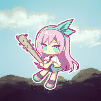 1girl :&lt; aubrey_(faraway)_(omori) aubrey_(omori) baseball_bat black_socks blue_eyes blue_hairband blue_skirt blush_stickers chibi chibi_only closed_mouth denim denim_skirt double-parted_bangs hair_between_eyes hairband highres holding holding_baseball_bat jacket long_hair looking_at_viewer nail_(hardware) nail_bat omori open_clothes open_jacket pink_hair shoes short-sleeved_jacket short_sleeves sidelocks skirt sneakers socks solo true_erg white_jacket