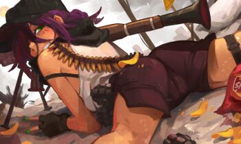 1girl ass ass_focus black_gloves black_shorts bullet chainsaw_man chips_(food) explosive fingerless_gloves food gloves green_eyes green_nails grenade gun hair_over_one_eye khyle. looking_at_viewer looking_back potato_chips purple_hair reze_(chainsaw_man) shorts solo tank_top weapon white_tank_top