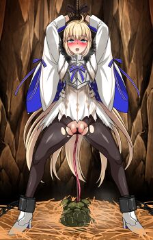 1girl absurdres aesc_(fate) aesc_(savior)_(fate) after_birth ahoge ankle_cuffs aqua_eyes armor bar_censor bdsm black_gloves black_pantyhose blonde_hair bondage bound bound_wrists bow breastplate censored chain chained chained_ankles chained_cuffs commentary_request commission commissioner_upload cuffs dress fate/grand_order fate_(series) female_focus giving_birth gloves goblin hay high_heels highres lactation lactation_through_clothes large_variant_set long_hair mother_and_child no_panties non-web_source open_mouth pantyhose pussy pussy_juice restrained rope solo standing standing_with_legs_apart textless_version torn torn_clothes torn_pantyhose umbilical_cord variant_set white_dress wrists_tied_together yagami_(mukage)