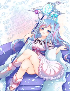 Rule 34 | 1girl, arm scrunchie, bare shoulders, blue hair, blush, crystal hair ornament, dress, duel monster, fur anklet, fur scarf, highres, holding, holding scepter, long hair, looking at viewer, mesugaki, momobesaeka, multicolored hair, open mouth, pink hair, purple eyes, rilliona (yu-gi-oh!), scepter, side ponytail, sitting, smile, smug, solo, streaked hair, watermark, witch, witchcrafter madame verre, yu-gi-oh!