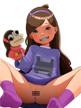 1girl bar_censor blush braces brown_eyes brown_hair censored disney floppy_disk floppy_disk_print gravity_falls grin hairband hand_puppet highres loli long_hair looking_at_viewer mabel_pines no_panties oira_wa_arumajiro print_sweater puppet purple_hairband purple_socks purple_sweater pussy simple_background smile socks spread_legs star_(symbol) sweater teeth white_background