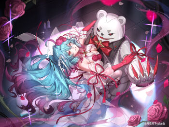 1girl absurdres artist_name black_collar black_ribbon blue_hair bow bowtie breasts candle claws cleavage cleavage_cutout clothing_cutout collar dancing detached_collar dress elbow_gloves flower from_above gloves gradient_hair hair_flower hair_ornament hair_ribbon helene_(tower_of_fantasy) high_heels highres large_breasts leg_ribbon long_hair looking_at_viewer multicolored_eyes multicolored_hair non-humanoid_robot pink_eyes pink_gloves purple_hair red_bow red_bowtie red_claws red_eyes red_ribbon ribbon robot robot_animal rose sleeveless sleeveless_dress smile sparkle spotlight thighhighs tower_of_fantasy two-tone_eyes waltz_(dance) white_dress white_thighhighs yellow_eyes yolanda