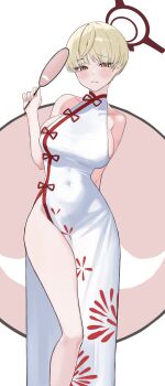 1girl absurdres blonde_hair blue_archive breasts cbwook china_dress chinese_clothes closed_mouth commentary_request dress halo highres large_breasts looking_at_viewer marina_(blue_archive) red_halo short_hair solo thighs white_dress yellow_eyes