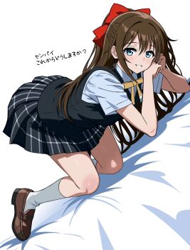 1girl absurdres all_fours black_skirt black_vest blue_eyes blue_shirt bow brown_hair brown_shoes collared_shirt commentary_request grin hair_between_eyes hair_bow highres loafers long_hair looking_at_viewer love_live! love_live!_nijigasaki_high_school_idol_club nijigasaki_school_uniform osaka_shizuku pleated_skirt red_bow school_uniform shirt shoes short_sleeves sidelocks simple_background skirt smile socks solo translation_request vest white_background white_socks zaofeng