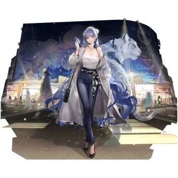 Rule 34 | 1girl, artist request, black pants, blue eyes, blue hair, breasts, cellphone, check artist, city lights, cleavage, coat, crosswalk, detached collar, full body, game cg, girls' frontline, girls' frontline neural cloud, gloves, highres, holding, holding phone, hubble (lovely star-dusted night) (neural cloud), hubble (neural cloud), lion, looking at viewer, night, night sky, off-shoulder shirt, off shoulder, official alternate costume, official art, open clothes, open coat, pants, phone, porafree, ribbed shirt, road, shirt, sky, smartphone, solo, star (sky), starry sky, street, third-party source, white coat, white gloves, white lion