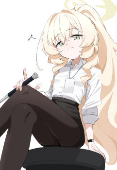 1girl black_pantyhose black_skirt blonde_hair blue_archive chair collared_shirt crossed_legs donutman fluffy_hair green_eyes halo highres holding holding_pointer lanyard long_hair long_sleeves looking_at_viewer pantyhose pencil_skirt pointer ponytail professor_niyaniya_(blue_archive) professor_niyaniya_(teacher)_(blue_archive) shirt simple_background sitting skirt smile solo very_long_hair watch white_background white_shirt wristwatch yellow_halo