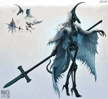 1other absurdres armor feathered_wings full_body hands_up helmet highres hip_bones holding holding_polearm holding_weapon monster monster_focus multiple_views original outstretched_arm polearm ribs shoulder_armor simple_background skeleton skull spine standing tail teeth tyawantyawan356 weapon wings