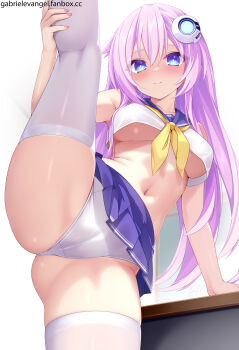 1girl artist_name blue_eyes blush breasts cameltoe choujigen_game_neptune crop_top gabriel_evangel hair_ornament highres long_hair looking_at_viewer looking_down medium_breasts microskirt navel nepgear neptune_(series) panties pink_hair purple_sister school_uniform serafuku signature skindentation skirt sleeveless solo split standing standing_on_one_leg standing_split symbol-shaped_pupils table thighhighs underboob underwear white_panties white_thighhighs