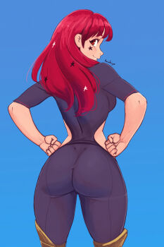 1girl absurdres ass back blue_background fire_emblem fire_emblem_engage hands_on_own_hips highres huge_ass long_hair looking_back nintendo raichiyo33 red_eyes red_hair signature simple_background star_symbol yunaka_(fire_emblem)