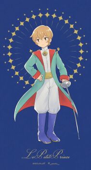 1boy blue_boots boku_dake_ga_inai_machi boots brown_eyes brown_hair closed_mouth coat commentary_request copyright_name cosplay dated frown full_body green_coat highres holding holding_sword holding_weapon kobayashi_kenya le_petit_prince long_sleeves mairu_(582284310) male_focus pants prince_(le_petit_prince) prince_(le_petit_prince)_(cosplay) rapier short_hair solo standing sword weapon white_pants