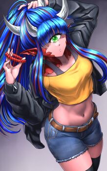1girl adjusting_hair black_bra black_jacket black_thighhighs blue_hair blue_shorts bomber_jacket bra bra_strap breasts cacodemon colored_skin cowboy_shot crop_top cutoffs cyclops demon_girl demon_horns doom_(series) green_eyes hair_tie highres holding holding_hair_tie horns jacket medium_breasts midriff multicolored_hair one-eyed open_clothes open_jacket personification pink_skin pointy_ears red_hair scales shirt shorts solo streaked_hair substance20 thighhighs two-tone_hair underwear yellow_shirt
