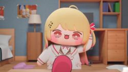 1girl 3d animated audible_speech backpack bag bed blonde_hair blush bookshelf bow bowtie chair chibi day emoji eyebrows floor fortissimo guitar hair_ornament hair_ribbon hololive hololive_dev_is indoors instrument jacket japanese_audio lamp miriwa office_chair otonose_kanade photo_(object) pillow red_bow red_eyes red_ribbon ribbon slippers sound swivel_chair table tagme trash_can video virtual_youtuber window